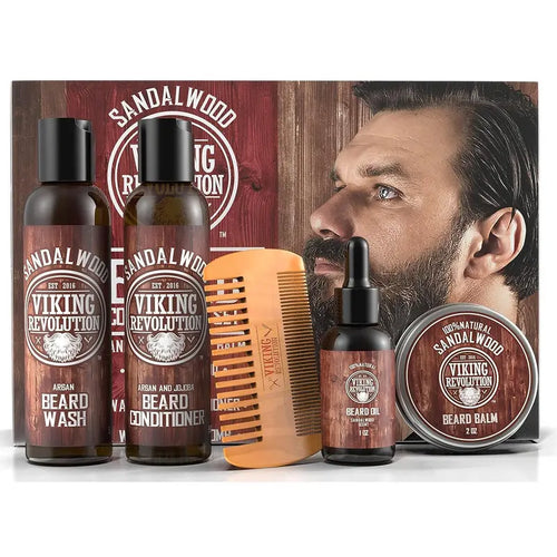 Viking Revolution Ultimate Beard Care Kit For Men - Sandalwood Scented Beard Wash Conditioner Oil Balm Comb - Thickening Nourishing Gift Set
