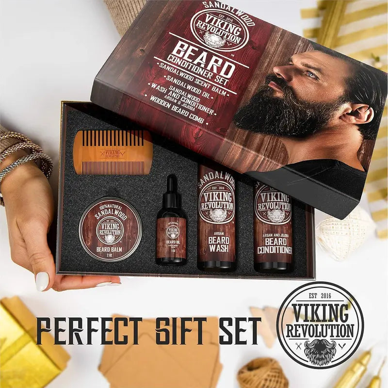 Viking Revolution Ultimate Beard Care Kit For Men - Sandalwood Scented Beard Wash Conditioner Oil Balm Comb - Thickening Nourishing Gift Set