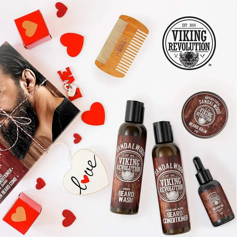 Viking Revolution Ultimate Beard Care Kit For Men - Sandalwood Scented Beard Wash Conditioner Oil Balm Comb - Thickening Nourishing Gift Set
